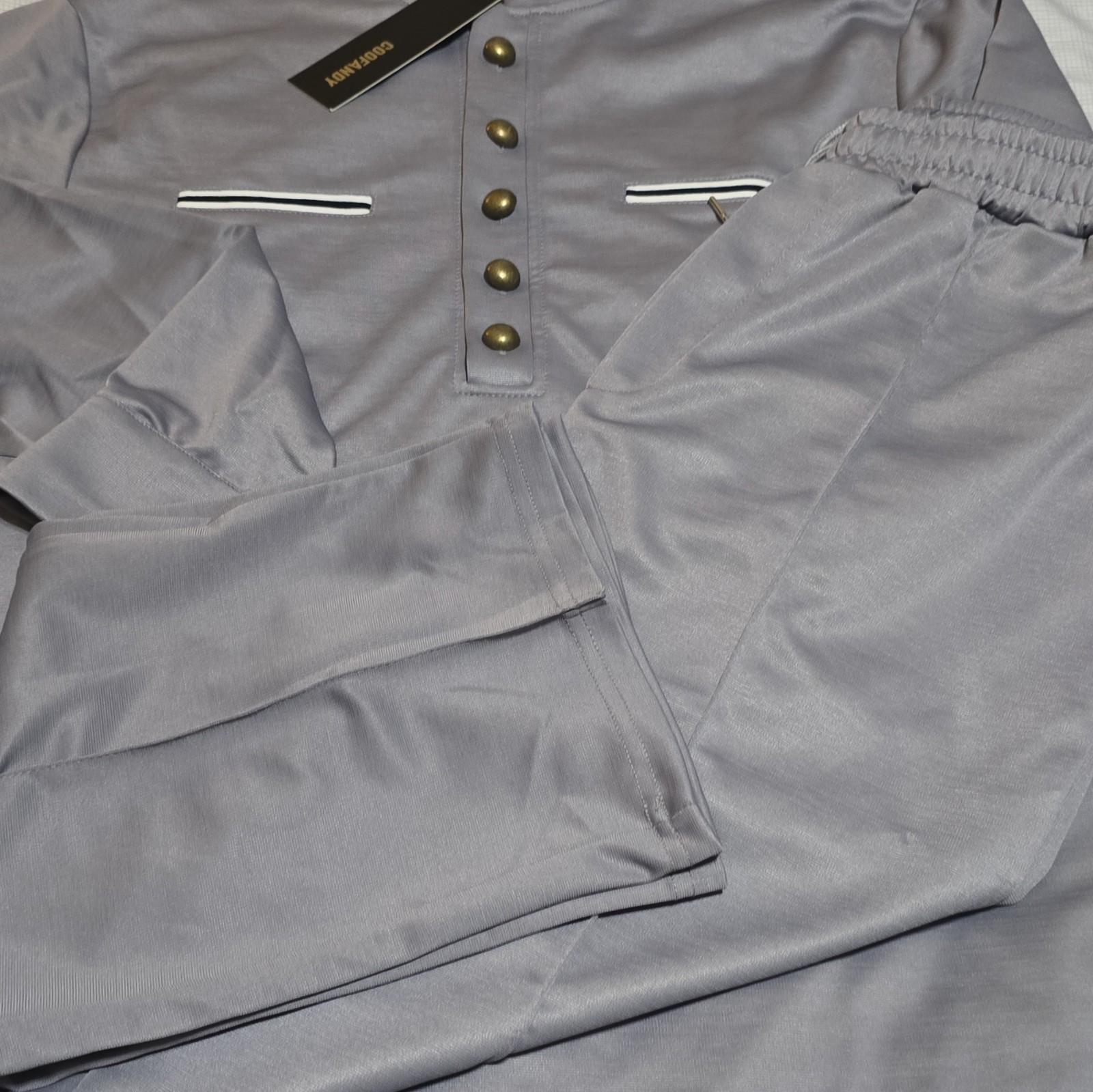 COOFANDY Men’s Gray Kurta Pajama Set, Satin Polyester, Long Sleeve, Size M