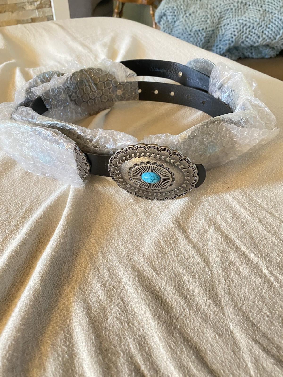 Leather Belt Silver & Faux Turquoise 1X/2X/3X Cold water Creek Never Worn 53”
