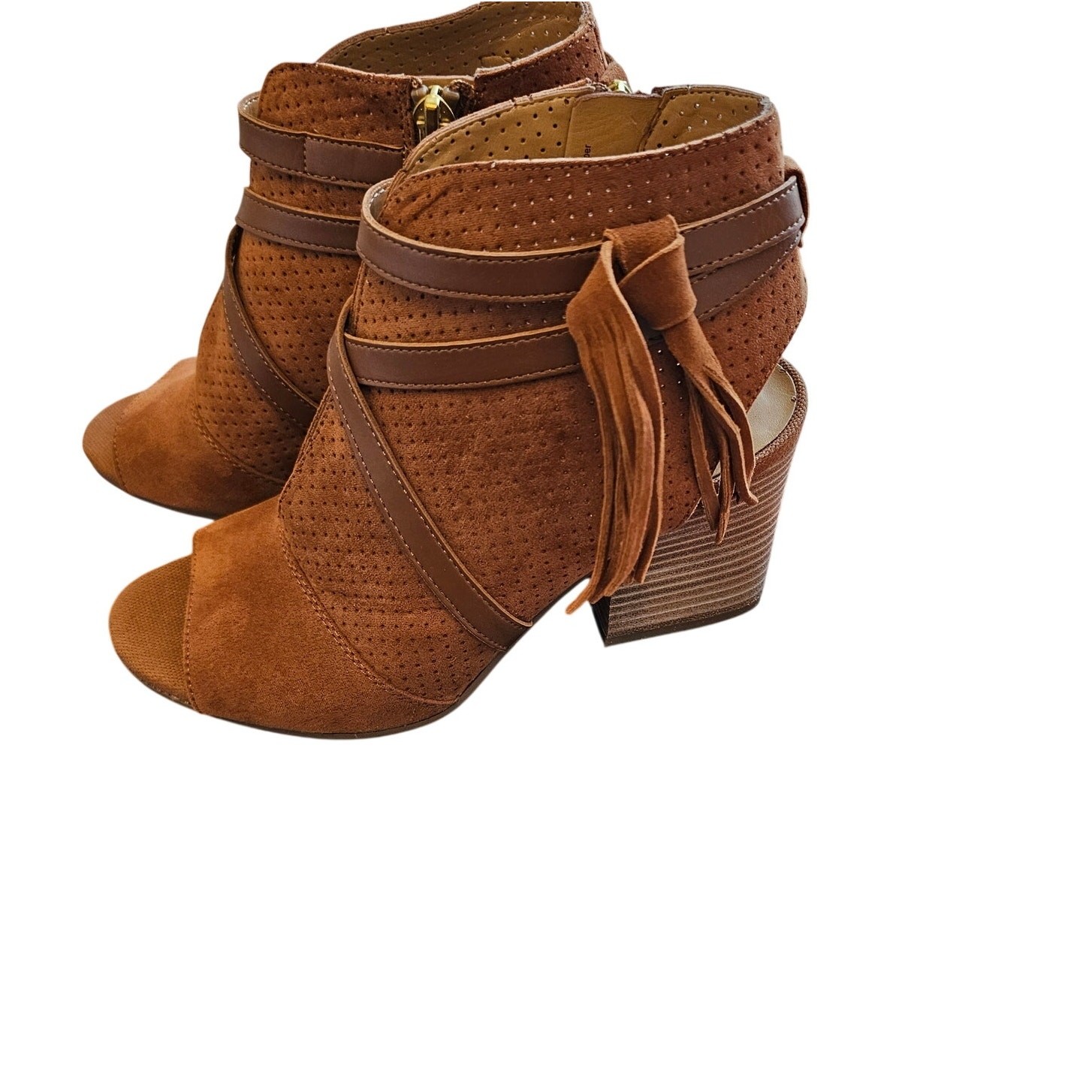 NIB 7 Peep-Toe Cognac Suede Block Ankle Boots Franco Sarto