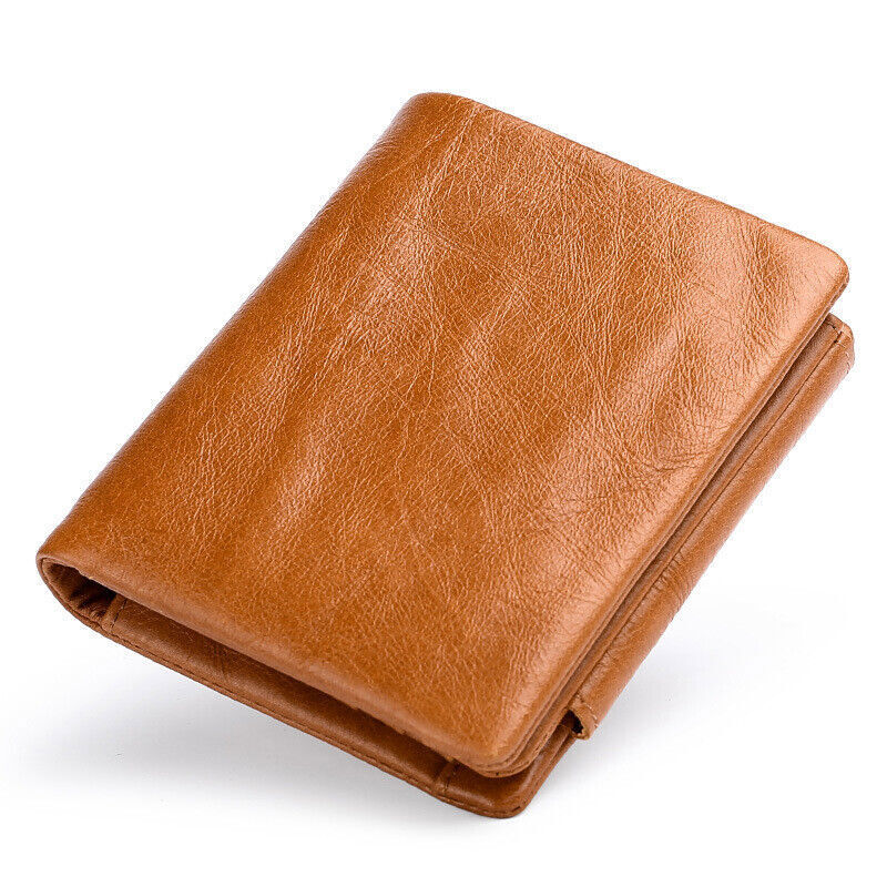 Cowhide Leather Mens Trifold Wallet RFID Blocking Card Holder Zipper Coin Purse