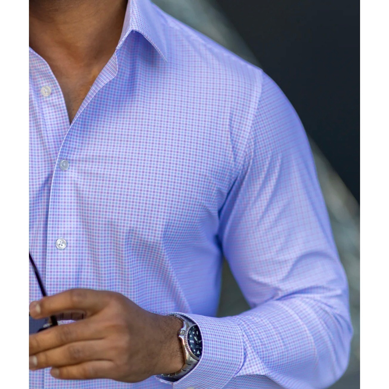 Collars & Co Mens LARGE Apex Performance Dress Shirt Lavender Blue Gingham NEW