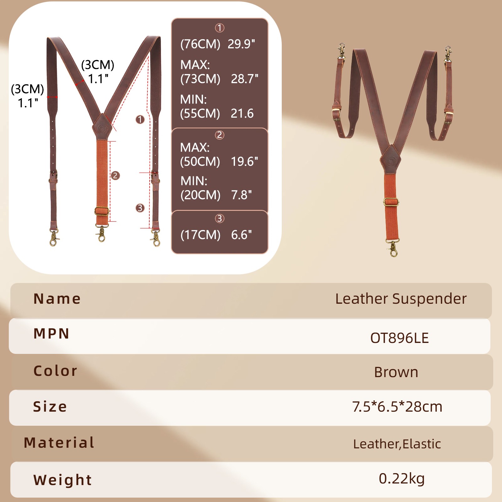 Tourbon Men’s Suspenders Y Back Adjustable Leather Y-Shaped 3 Hooks Pants Braces