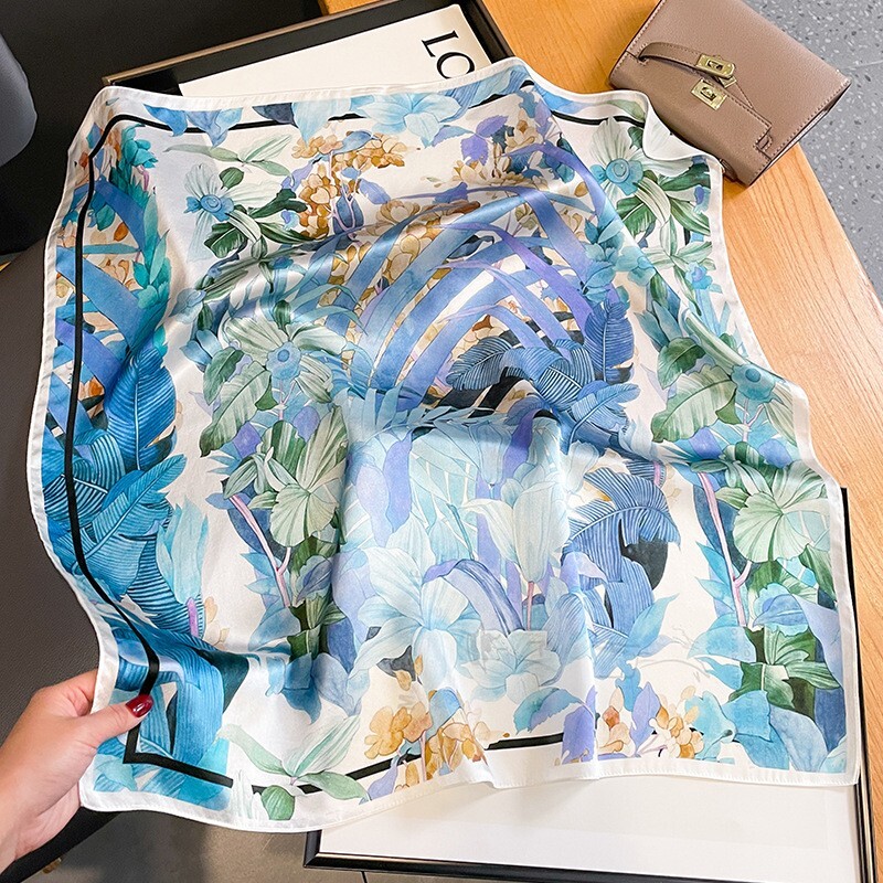 100% Silk Square Scarf Women Light Blue Flower Kerchief Headscarf Tied 68*68cm