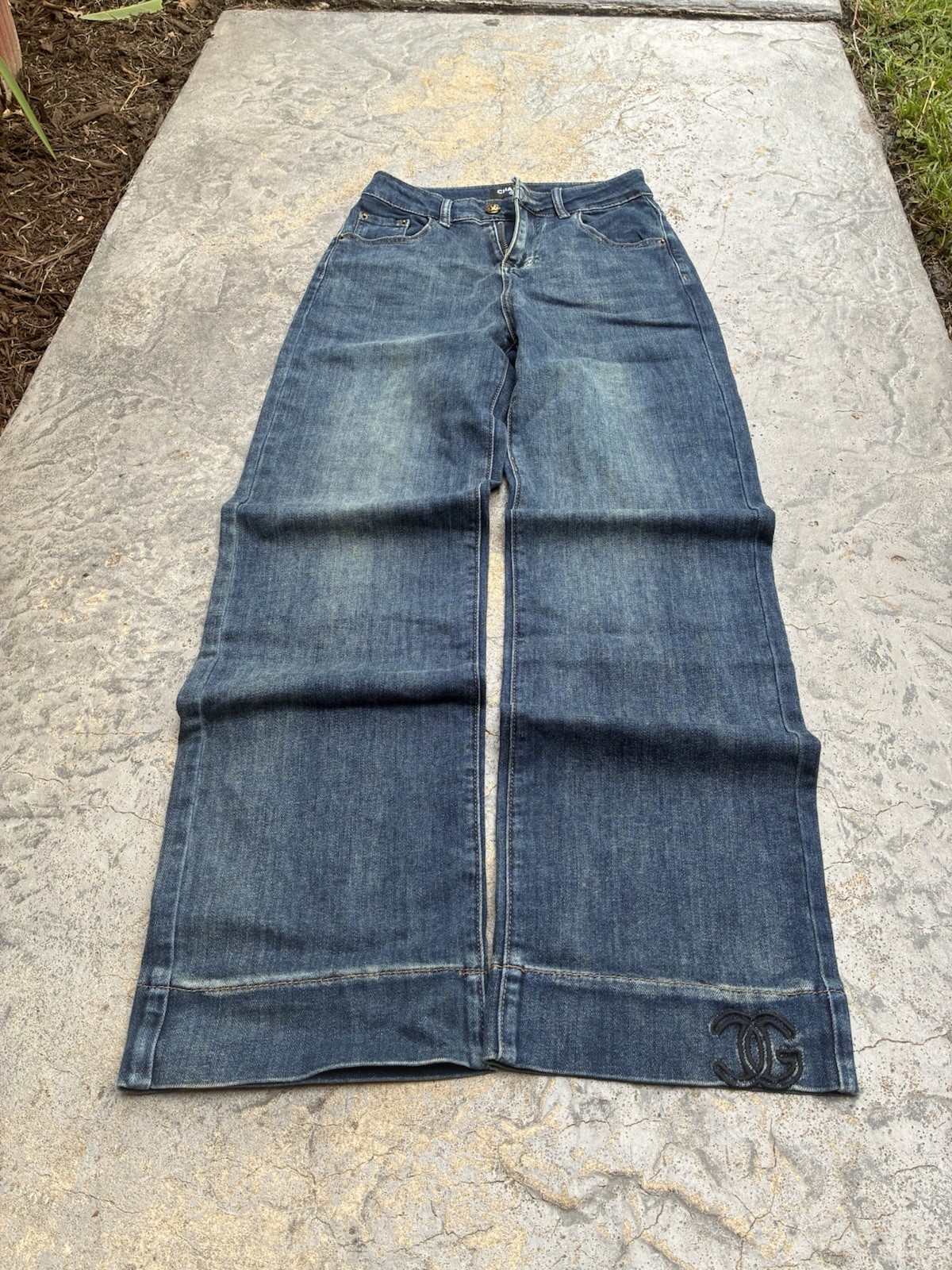 Y2k Blue Denim Wide-Leg Jeans Logo Embroidery 5-Pocket Zip/Button