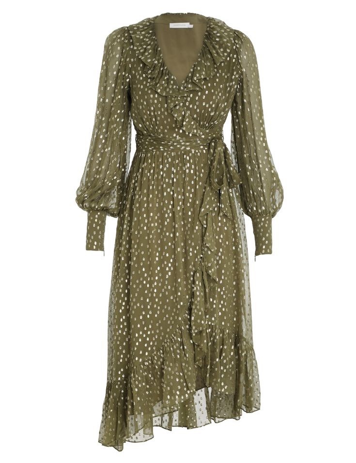 Zimmermann Lurex Wrap Midi Silk Chiffon Metallic Dot Dress 0
