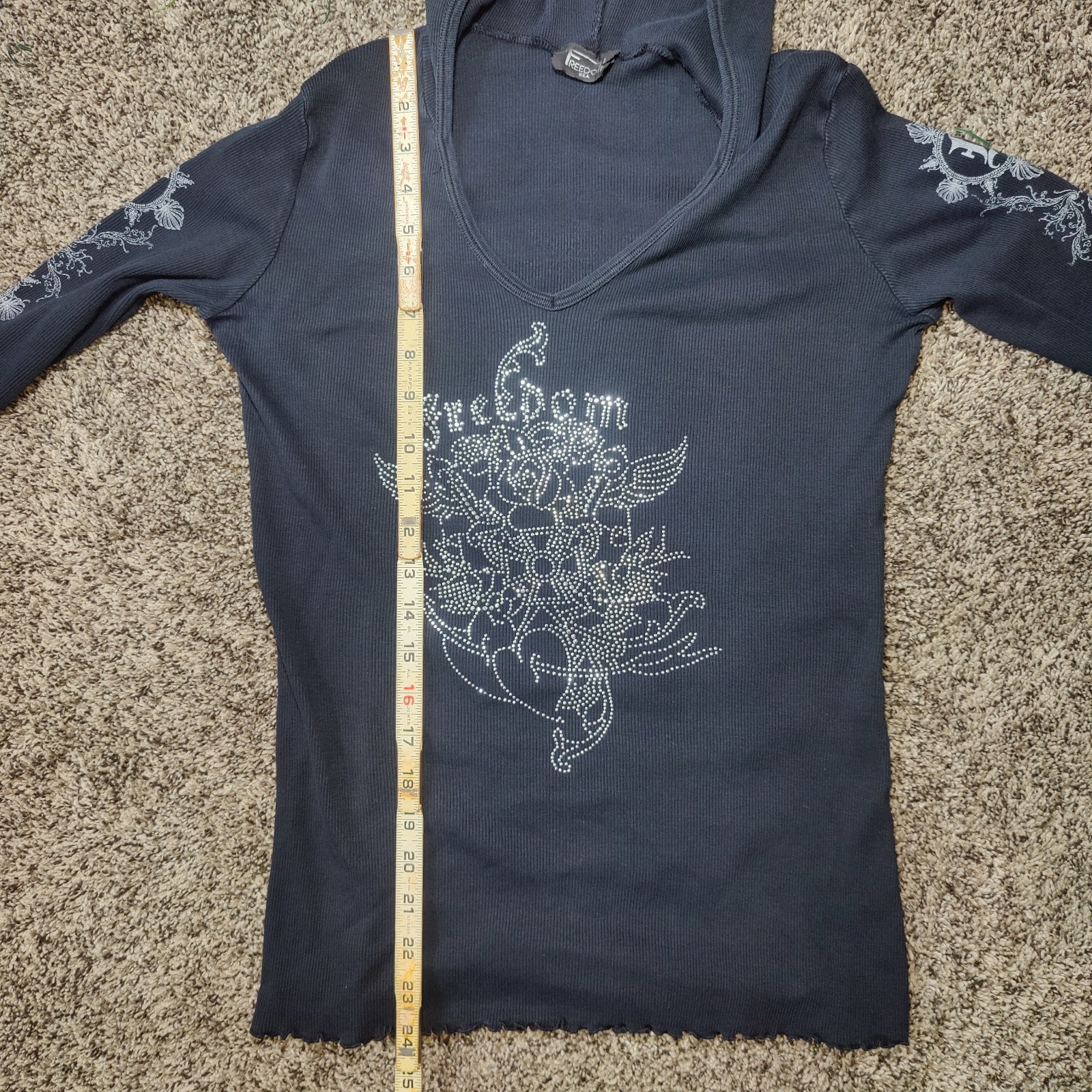 Vintage Freedom Hooded Tshirt Y2K 90s Rock Grunge Retro Rhinestone Biker Women L