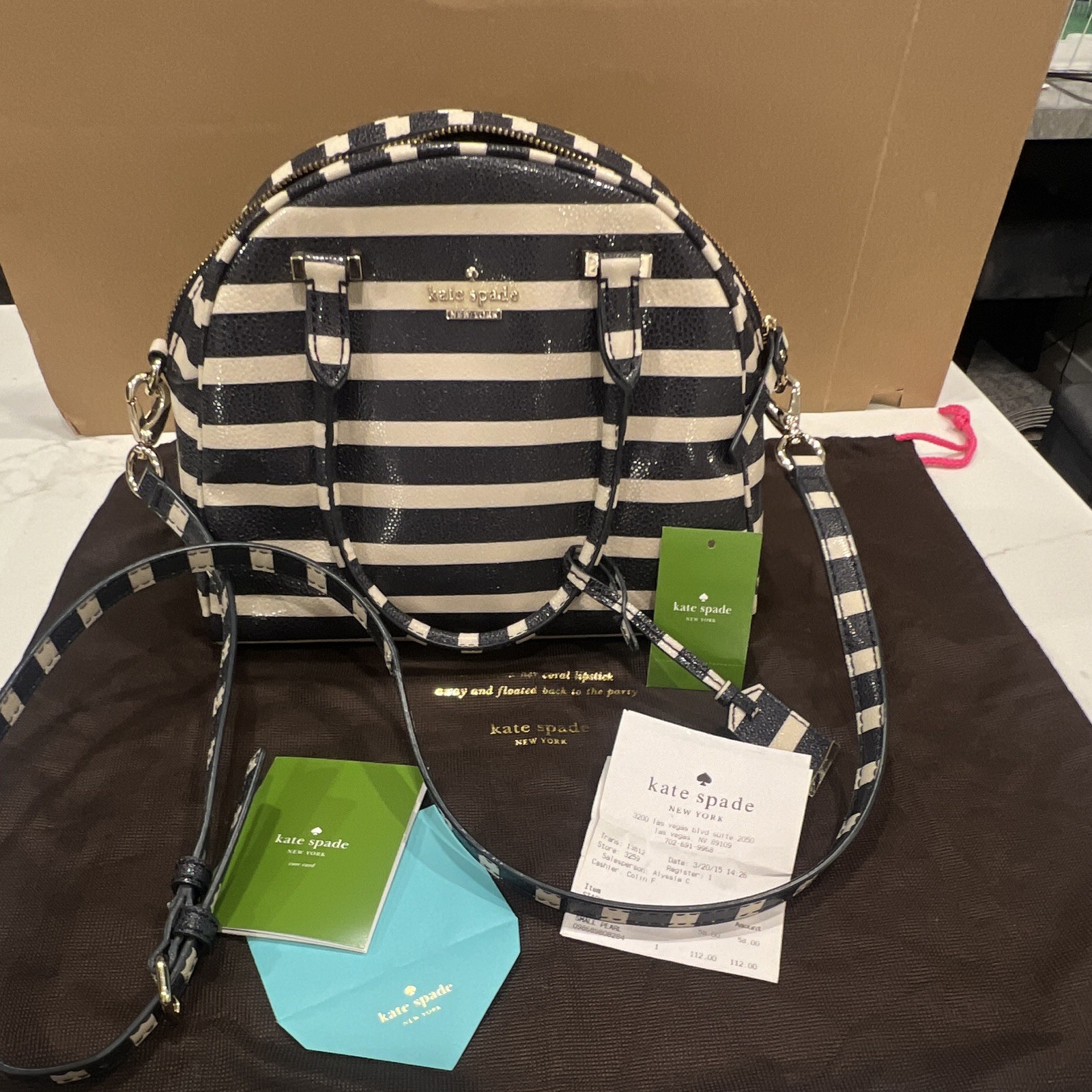 kate spade new york Black/Pebble Striped Satchel Zip, Detachable Strap, Dust Bag