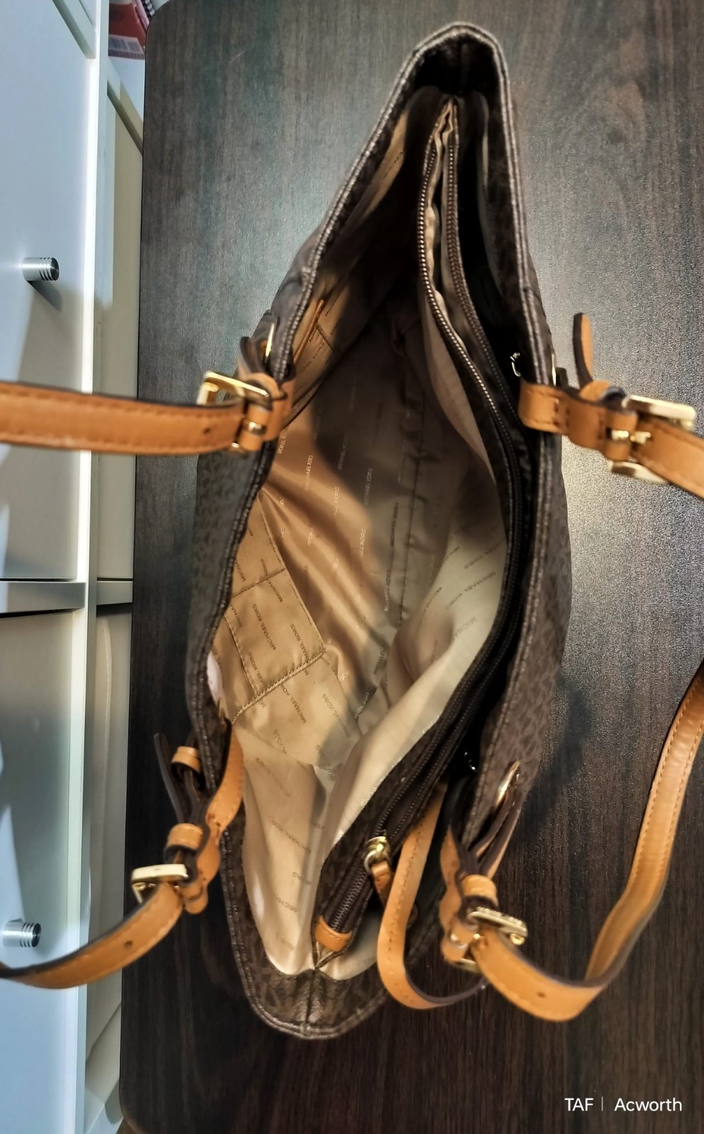 Michael Kors Brown Monogram Tote Shoulder Bag Zip Closure Gold Hardware