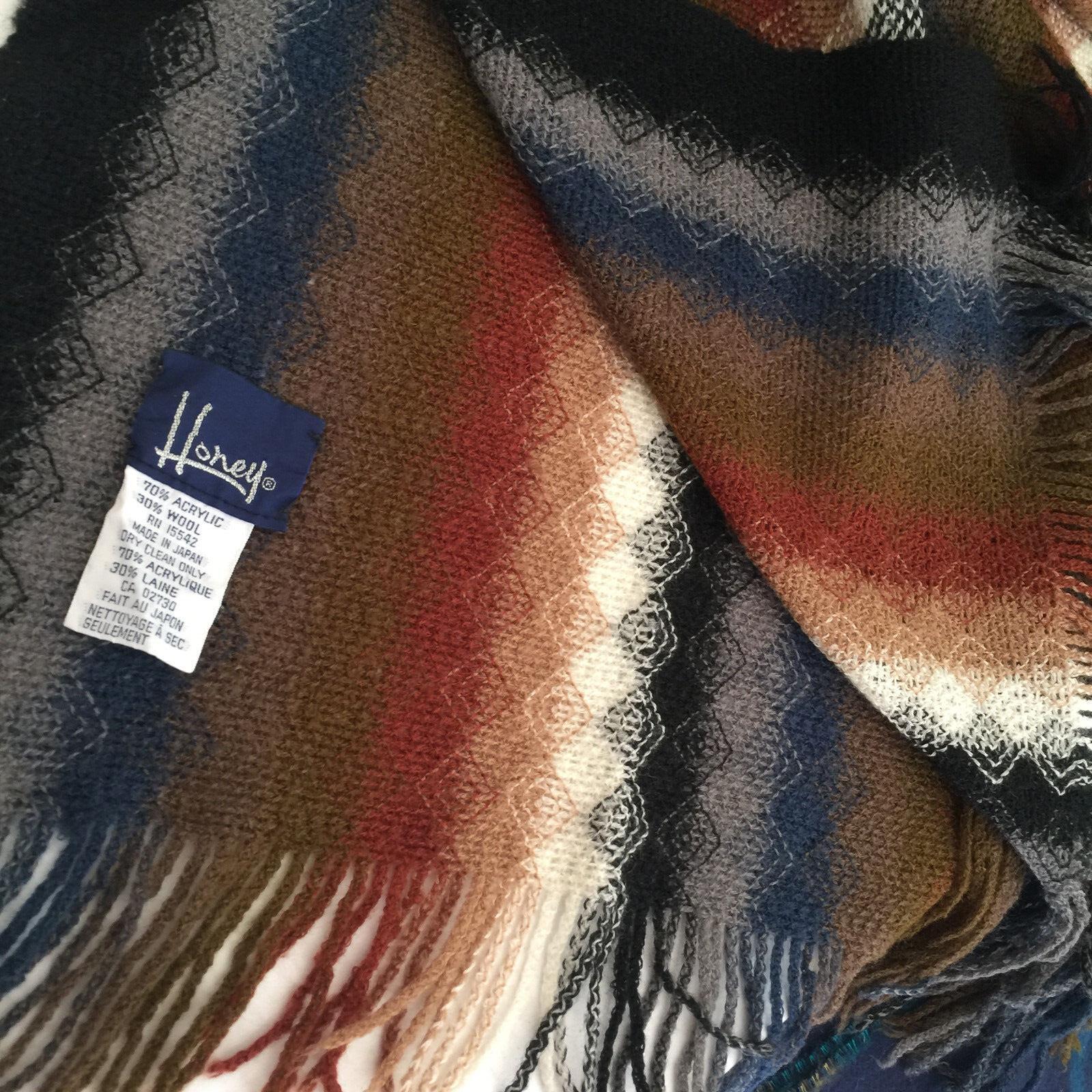 Honey weave Scarf Acrylic/Wool Multi-color Plaid 60″x20″ fringed Made in Japan