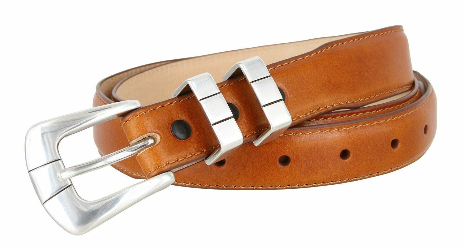 Nicolo Men’s Smooth Saddle Tan Leather Dress Belt with Silver Plated Buckle Set