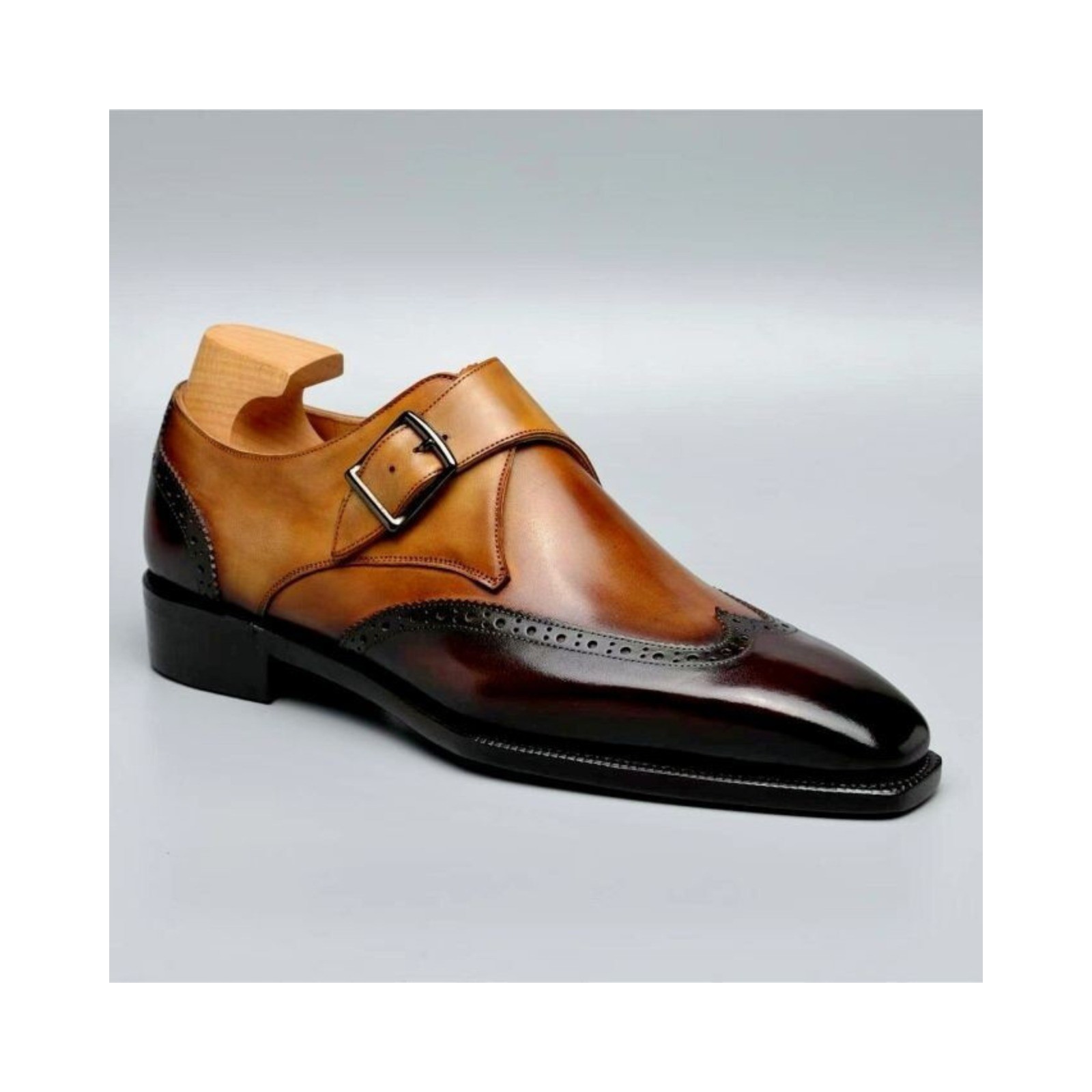 Handmade Goodyear Welted Two Tone Monk Strap Wingtip Dress Party Fashion Shoes