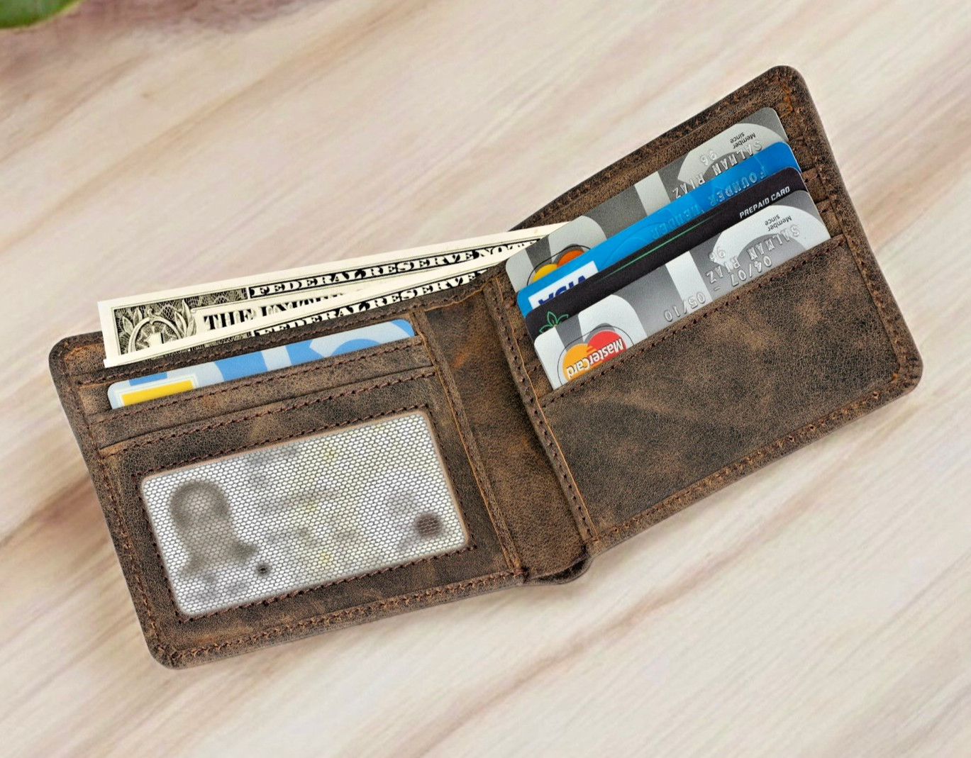 Genuine Slim Antique Leather Wallet For Mens Minimalist Bifold RFID Blocking