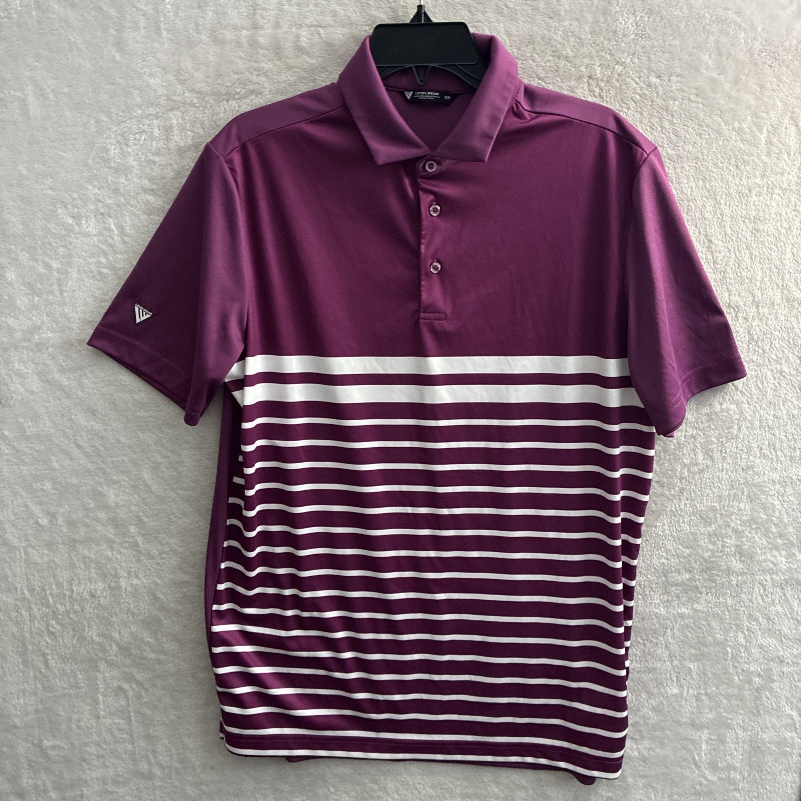 Level Wear Mens Polo Shirt Purple Stripe Medium Polyester Short Sleeve Colalr