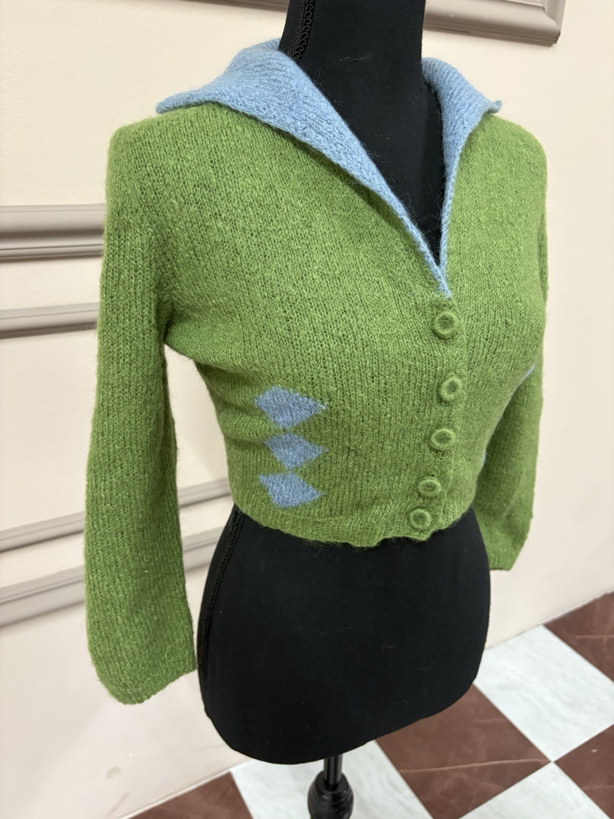 Vintage 50s 60s Bonnie Morse Wool Knit Argyle Cropped Collared Cardigan XS