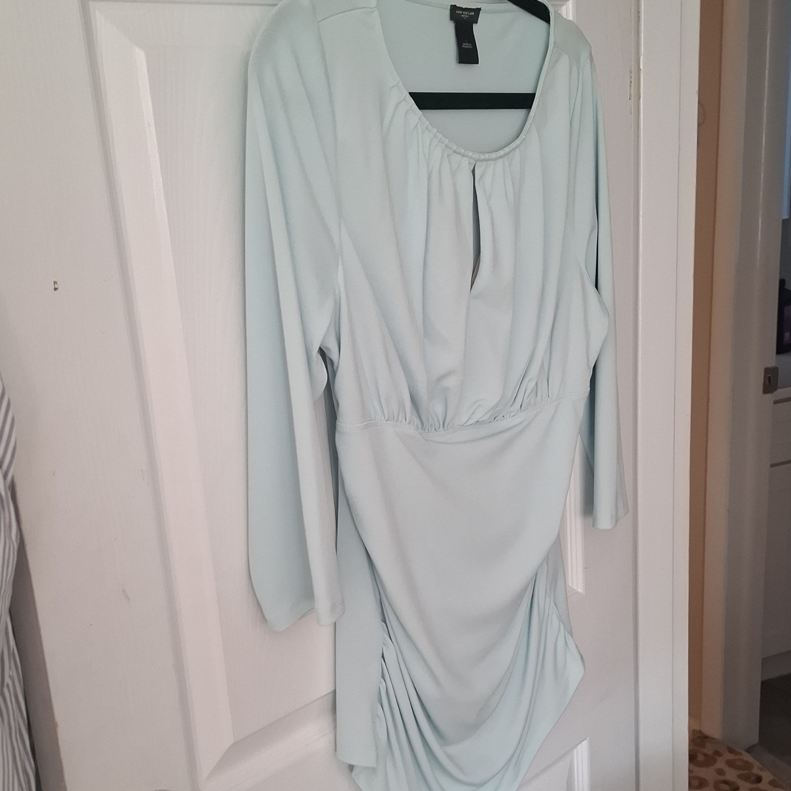 Ann Taylor Light Blue Ruched Knit Stretch Round Neck Long Sleeve Mini Dress L