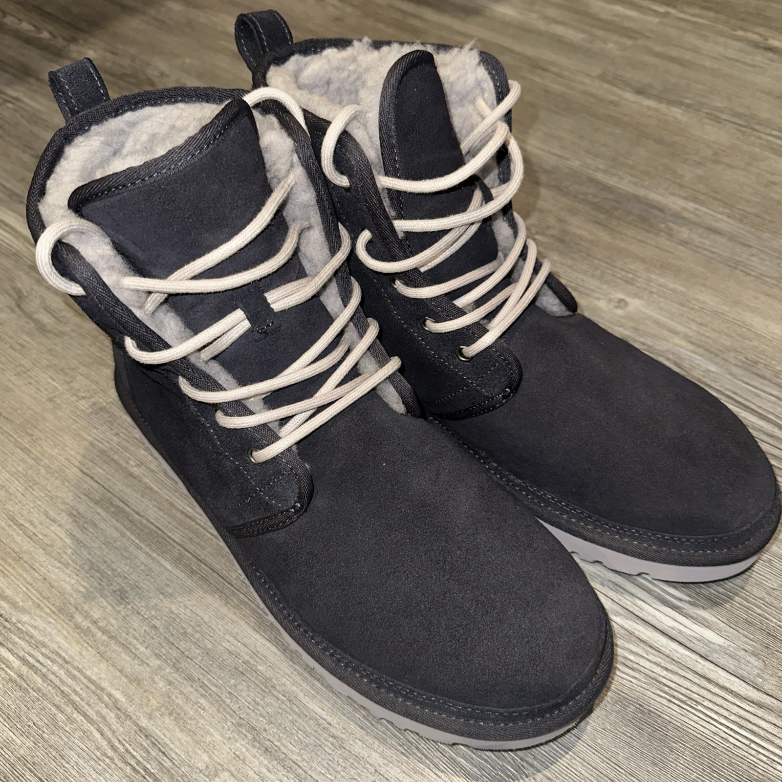 UGG AUSTRALIA Harkley True Navy Suede Leather Real Fur Lace Up Mens Boots SZ 12