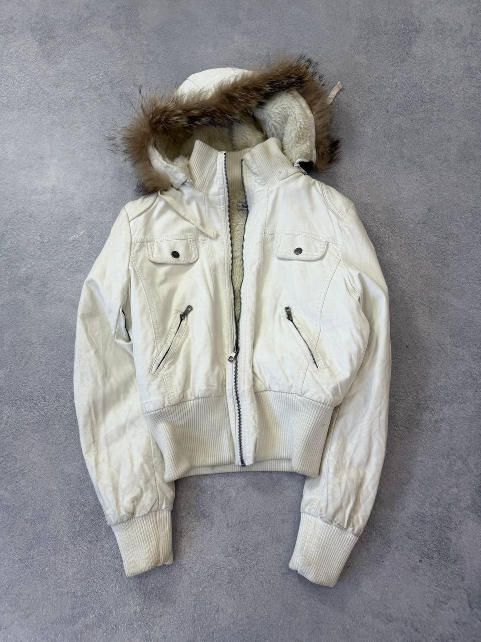 Vintage 90s White Avant-Garde Faux Fur Fell Cropped Leather Y2K Streetwear Jacke