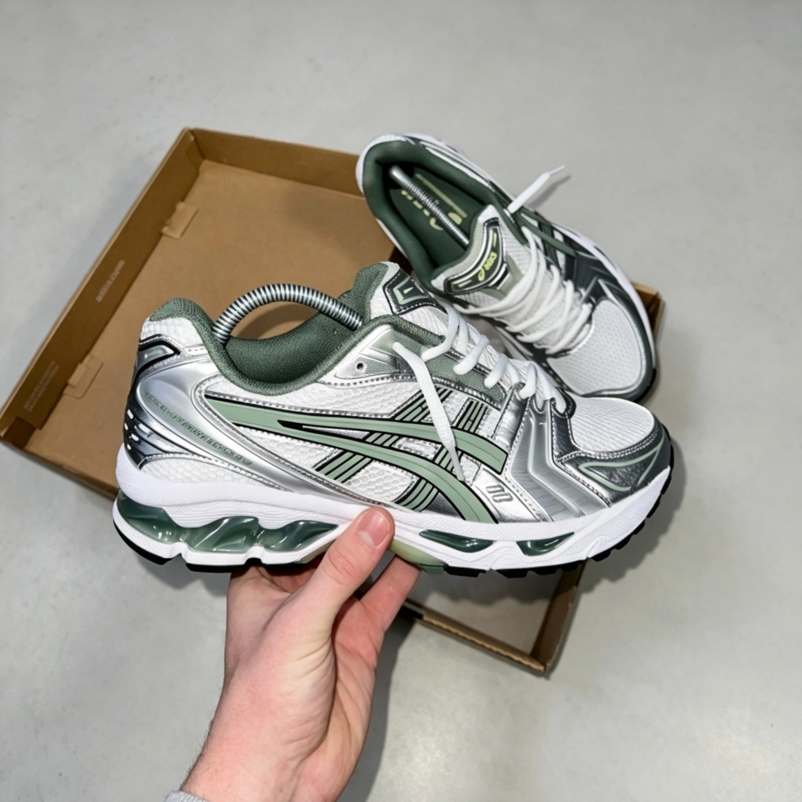 Asics Gel Kayano 14 White Pure Silver Slate Grey Sage Running Shoes 1201A019-107