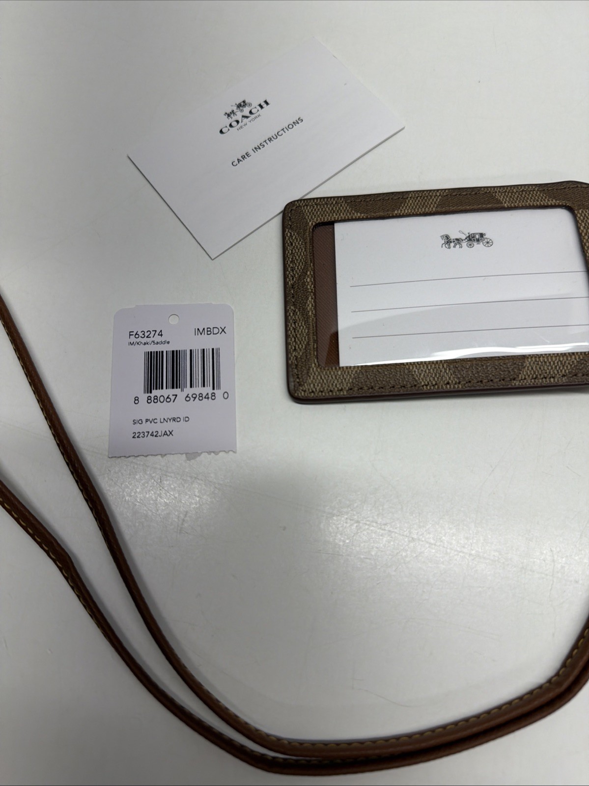 Coach ID Lanyard Card License Holder Signature Leather Jacquard Gold Tan Brown