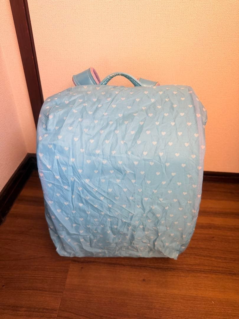 Randoseru Backpack Blue Synthetic Leather School Bag with Heart Design, Used