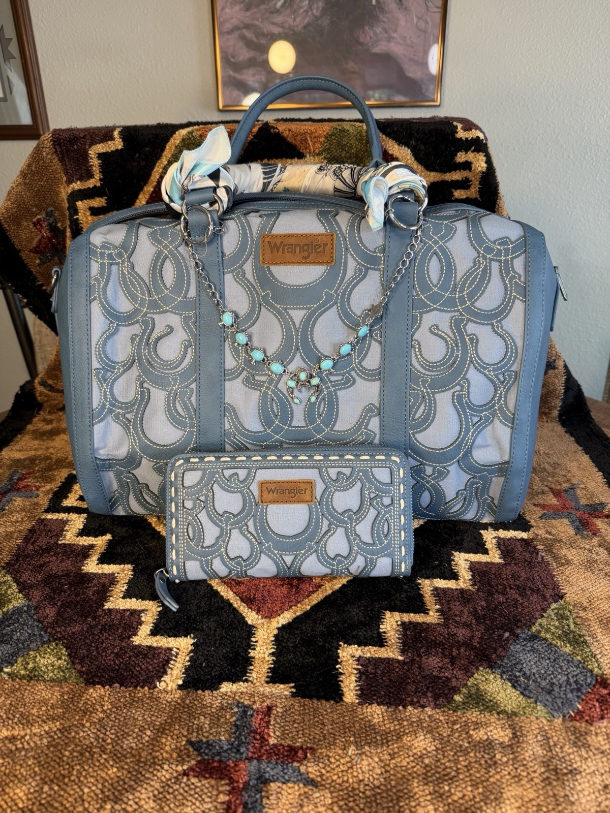 Wrangler Blue horseshoe Zip Satchel/Top Handle Bag w/ Charm + Wallet