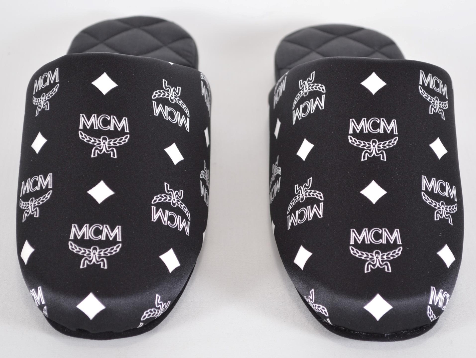 New MCM Men’s Black Silk Visetos Cushioned Slides Room Slippers Size M/L