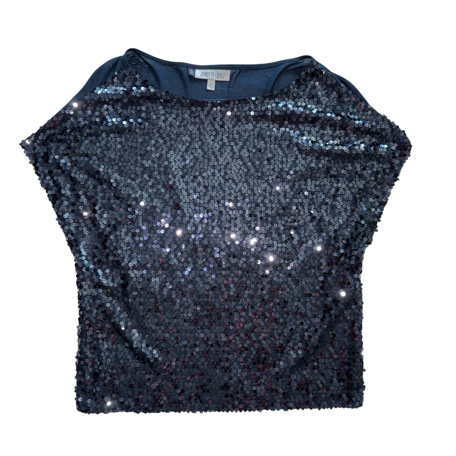 Jennifer Lopez Shirt Women’s Dark Blue Shiny Sequin Short Sleeve Blouse Sz XS