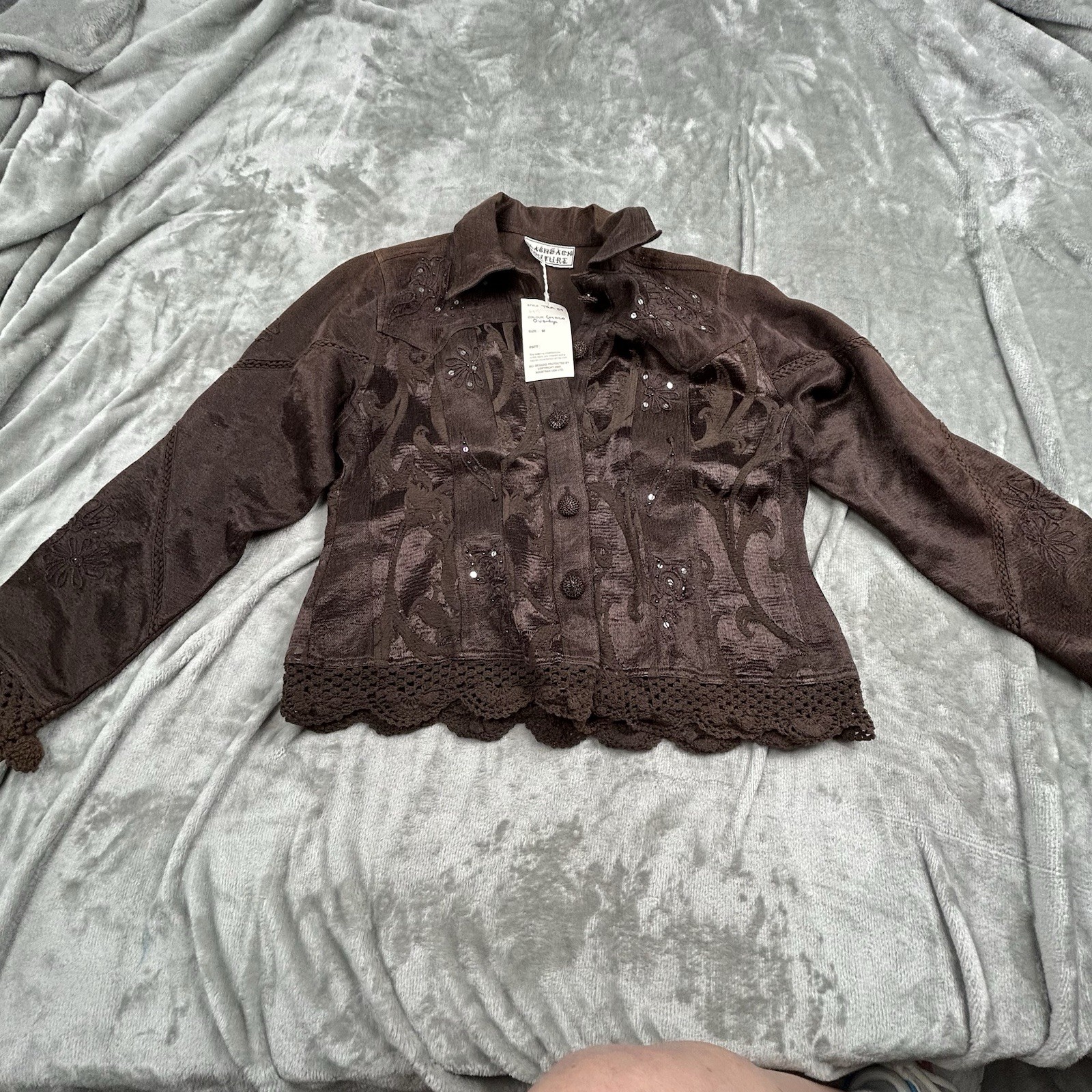 Flashback Couture Women’s Jacket Sz M Brown Embroidered Sequin Crochet Hem Boho