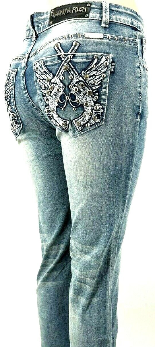 Platinum Plush Ladies Rhinestone Blue Denim Cross Pistols Jeans #4045 Size 5