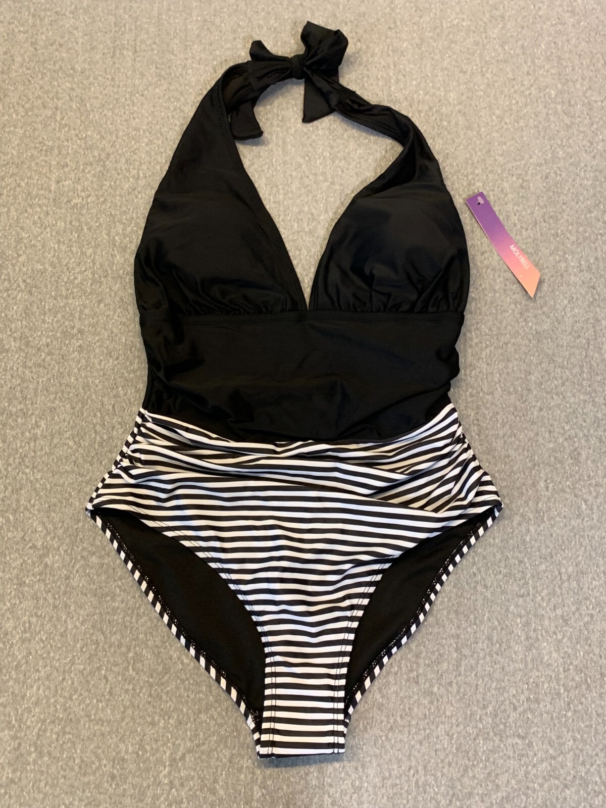 Molybell Deep V One Piece Swimsuit Womens Size Small Black White Stripes Sleek
