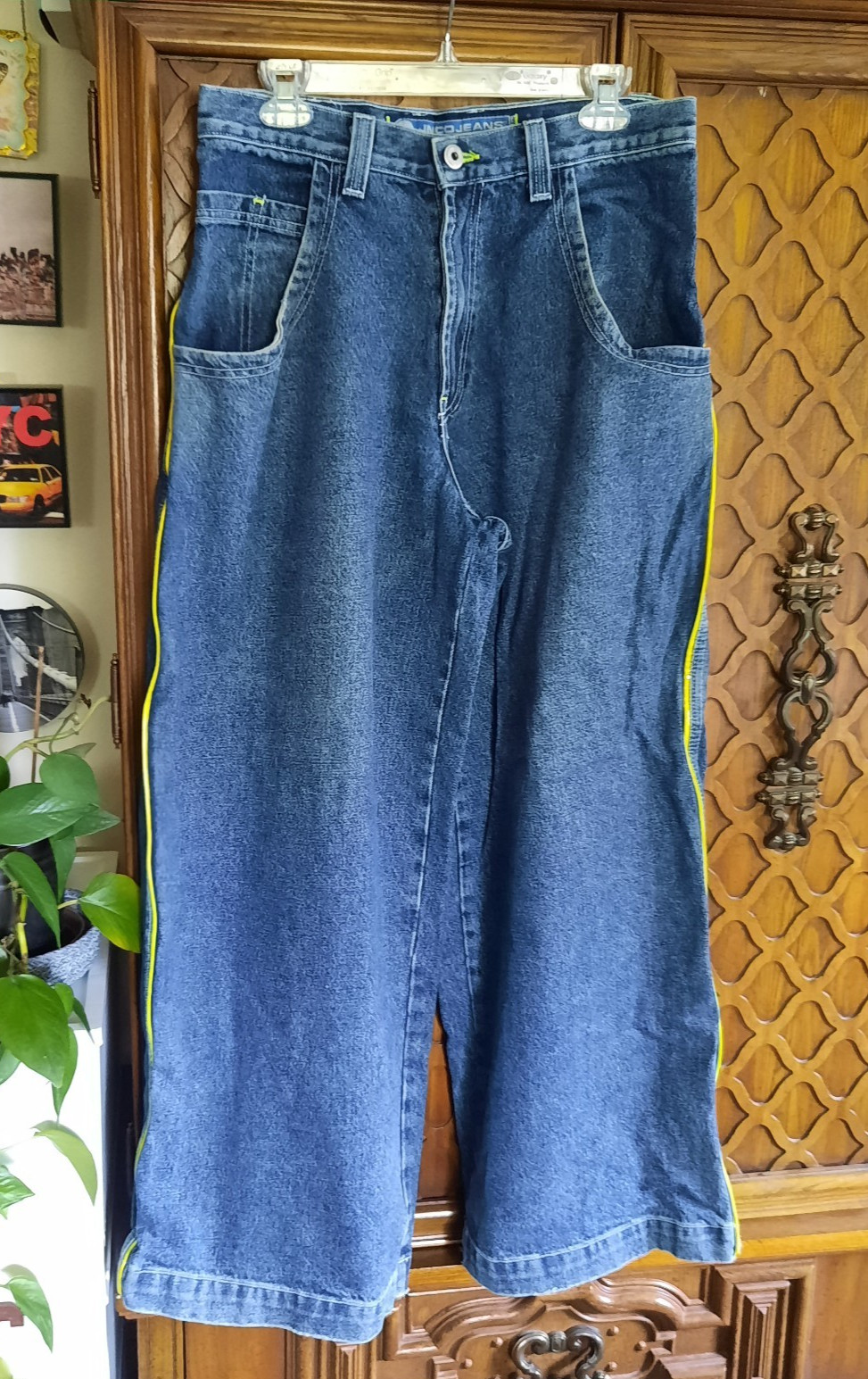 JNCO Vintage 90s NEON Green Stripe Skunk Skater Pipes Wide-Leg Jeans 32×30 Baggy