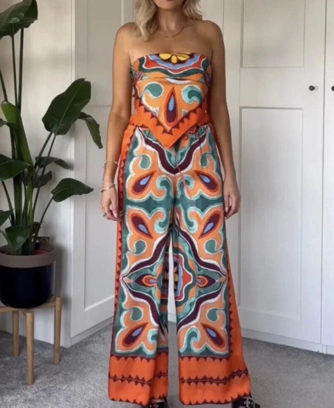 ZARA NEW WOMAN ORANGE FLOWY PRINTED PANTS REF. 3098/156 SIZE XXL