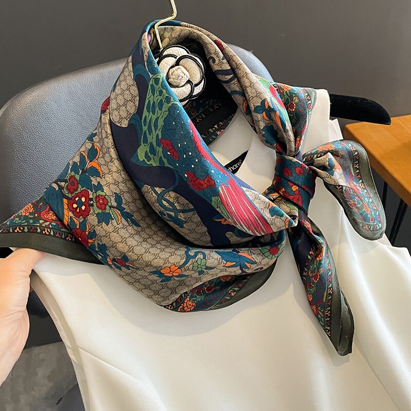 100% Silk Mulberry 27″ Square Scarf Women Neckerchief WrapTurban Flower Bird