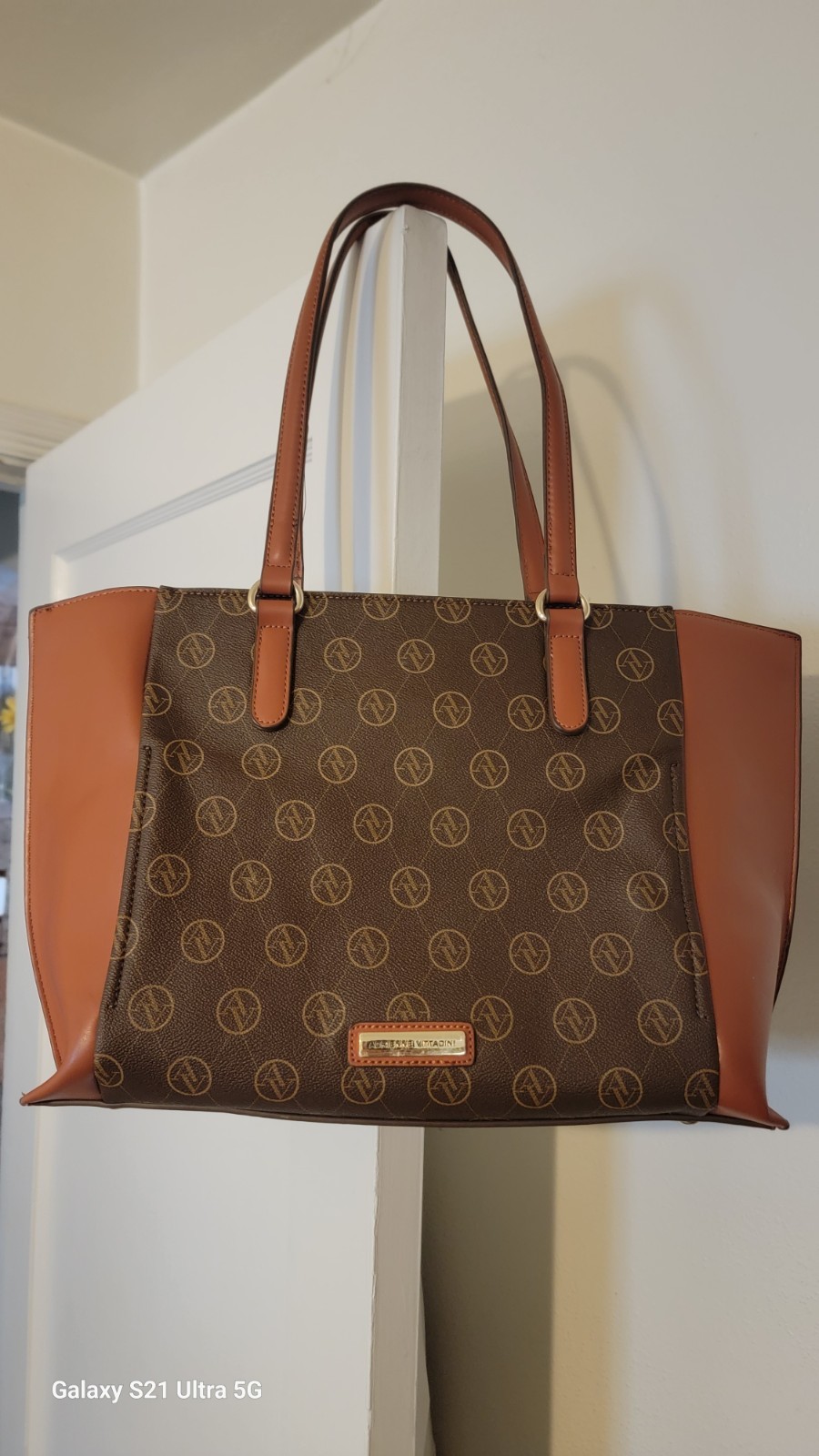 Adrienne Vittadini Monogram Shoulder Handbag Brown Purse Bottom Studs Base Zip