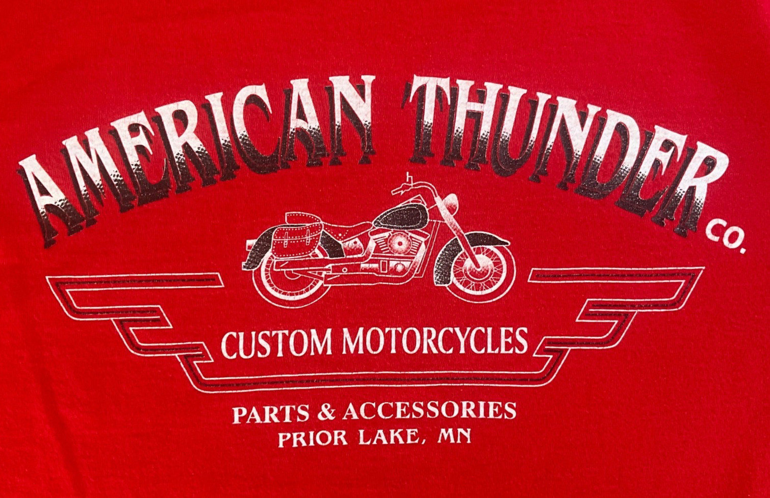 VTG 90s American Thunder Custom Motorcycles T-Shirt XL Red Biker Prior Lake MN