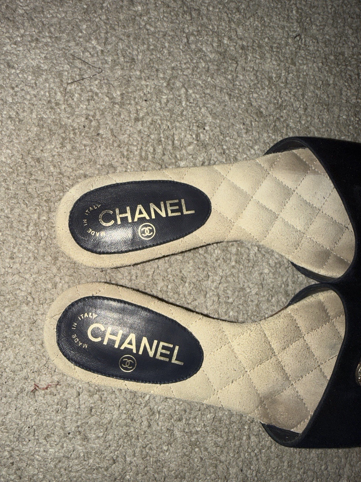 Chanel Blue Suede Slip On Sandals With Crystal and Gold CC’s