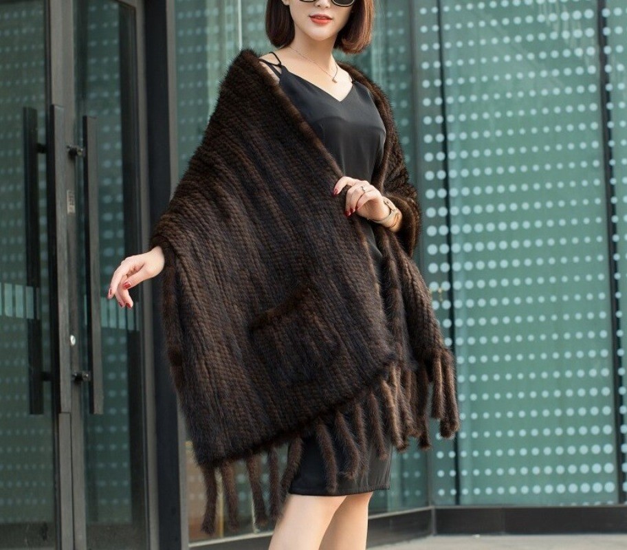 Knit 100% real mink fur cape / scarf 200*58 cm brown neck wrap / women shawl