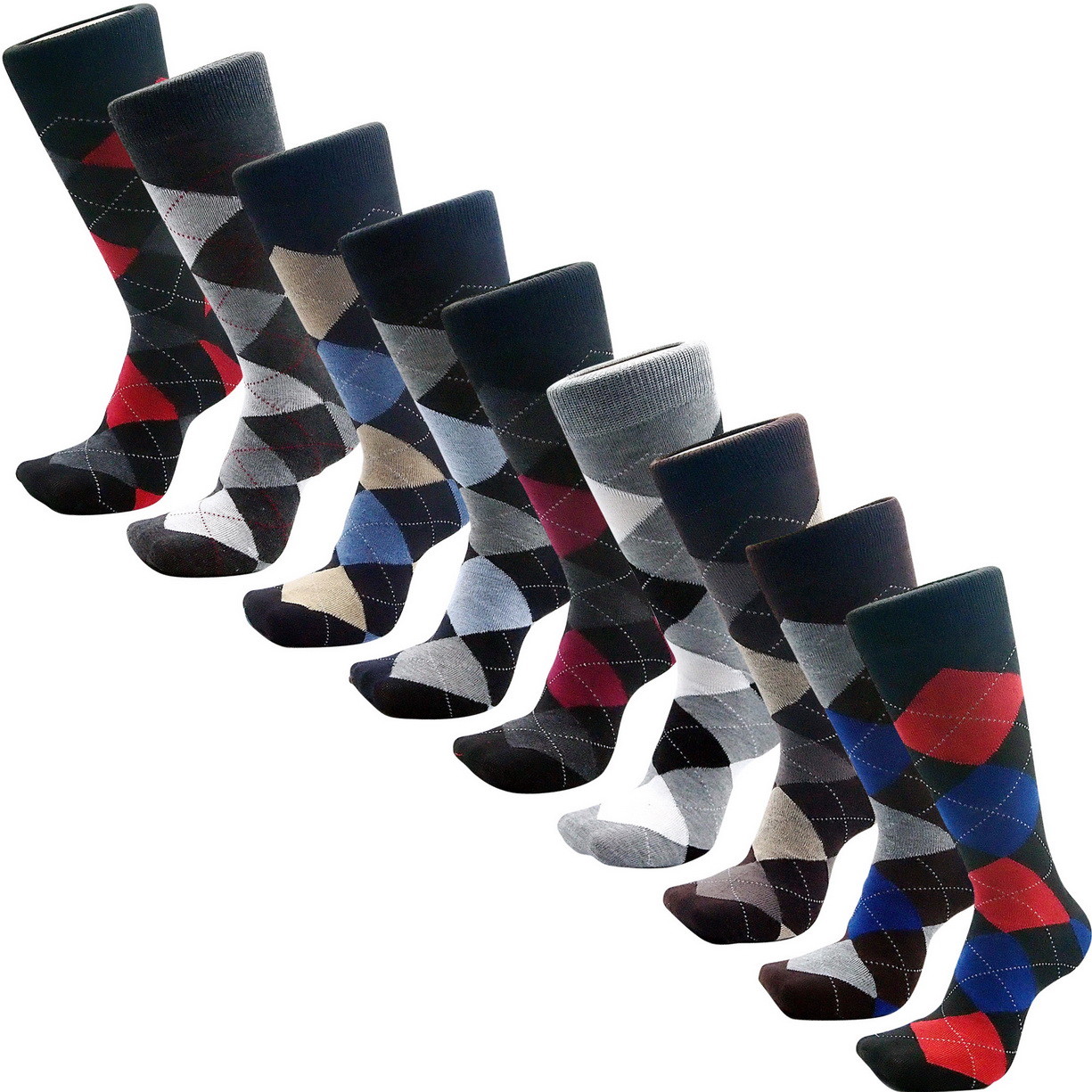 12 Pairs New Cotton Men Argyle Diamond Style Dress Socks Size 10-13 Multi Color