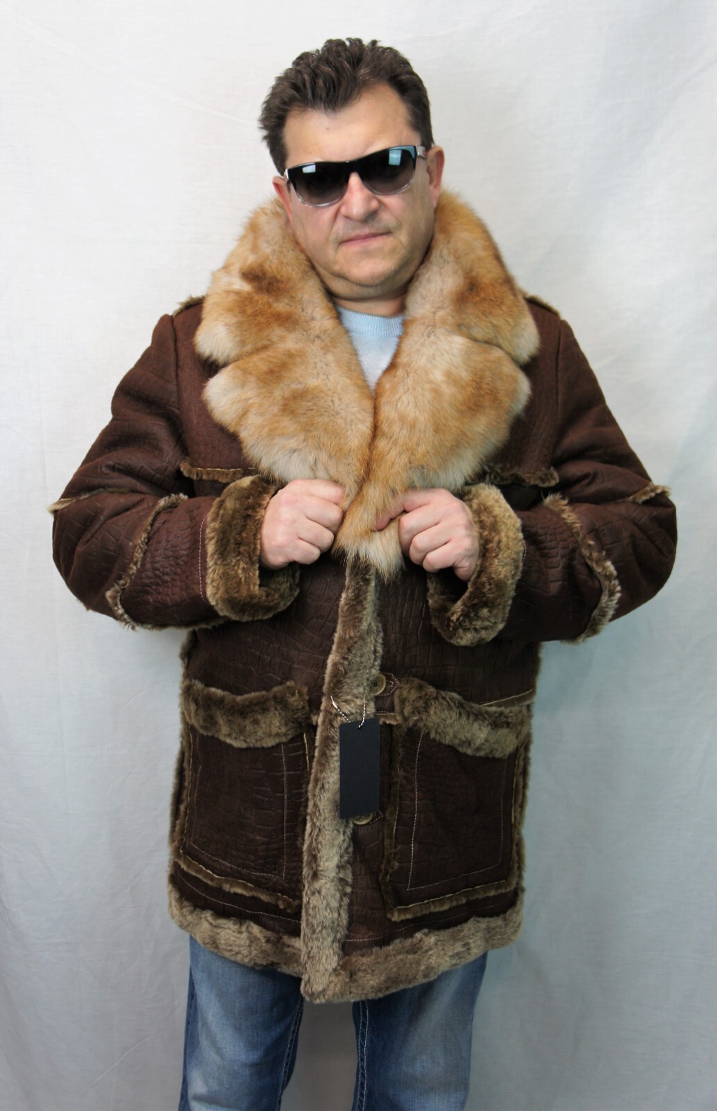 WHISKEY REAL SHEEPSKIN SHEARLING LEATHER REAL FOX MARLBORO TRENCH Coat S-8XL