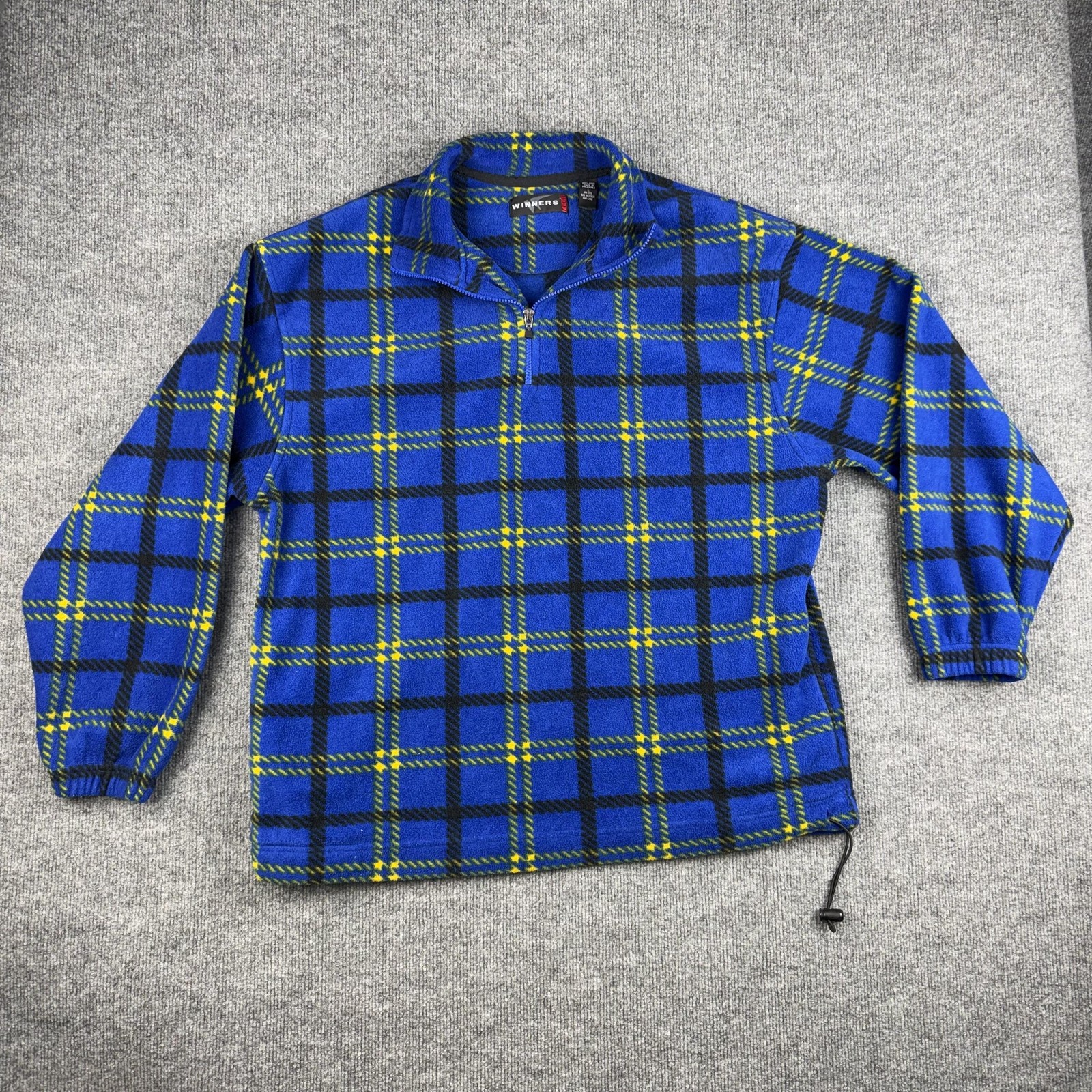 Winners Fleece Jacket Mens Large Blue Plaid 1/4 Zip Pullover Drawstring Hem