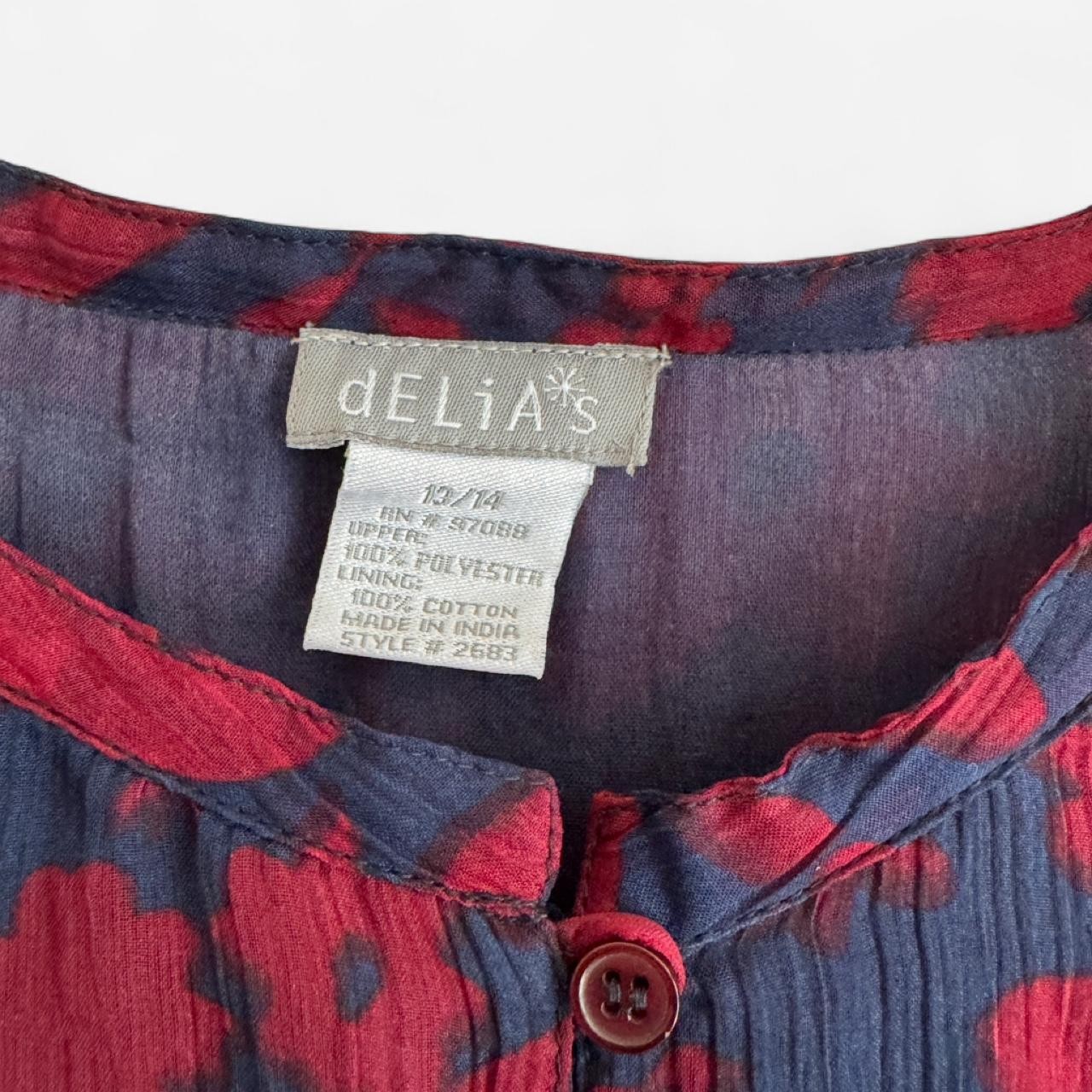 Vintage Delia’s Red Floral Print Button-Up Dress with Ruched Waist, Size Medium