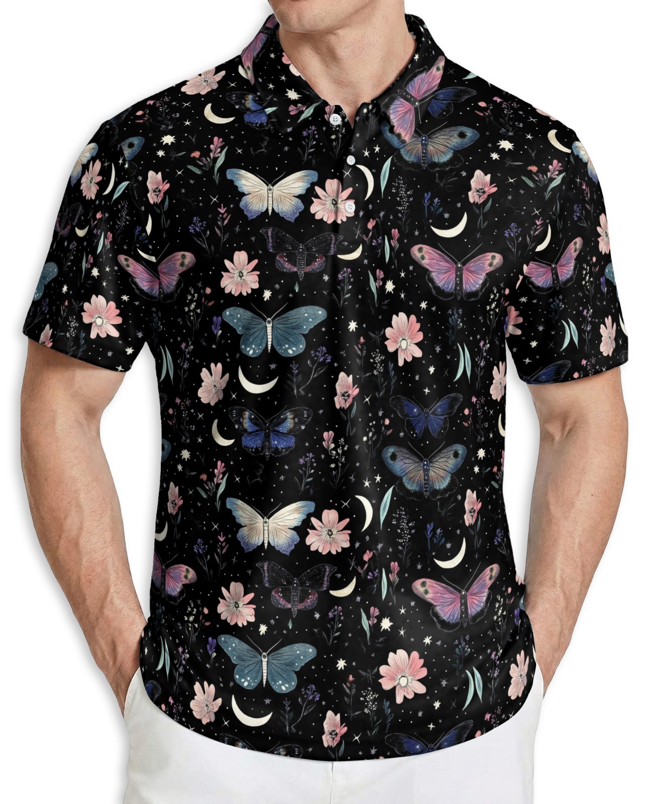Men’s Polo Shirt Butterflies Flowers Floral Golf Shirt Gift for Nature Lovers