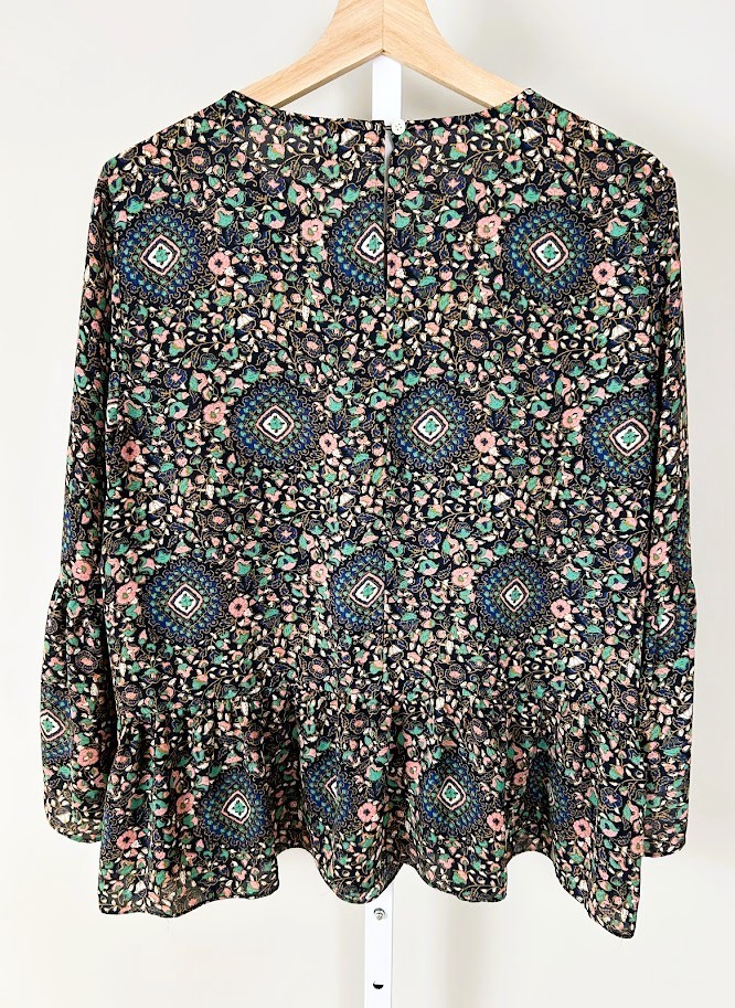 J. Crew Peplum Blouse Top Size L Medallion Floral Boho Bell Sleeve Keyhole