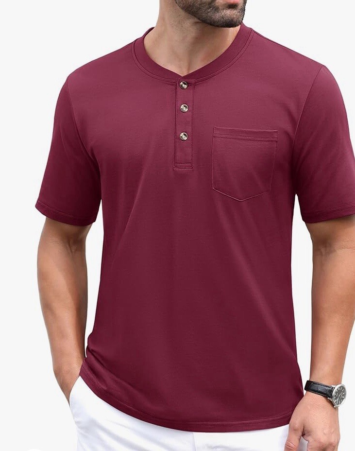 MAGCOMSEN Men’s Henley Shirts Short Sleeve Pocket Tee Shirts Wine Red Size 2XL