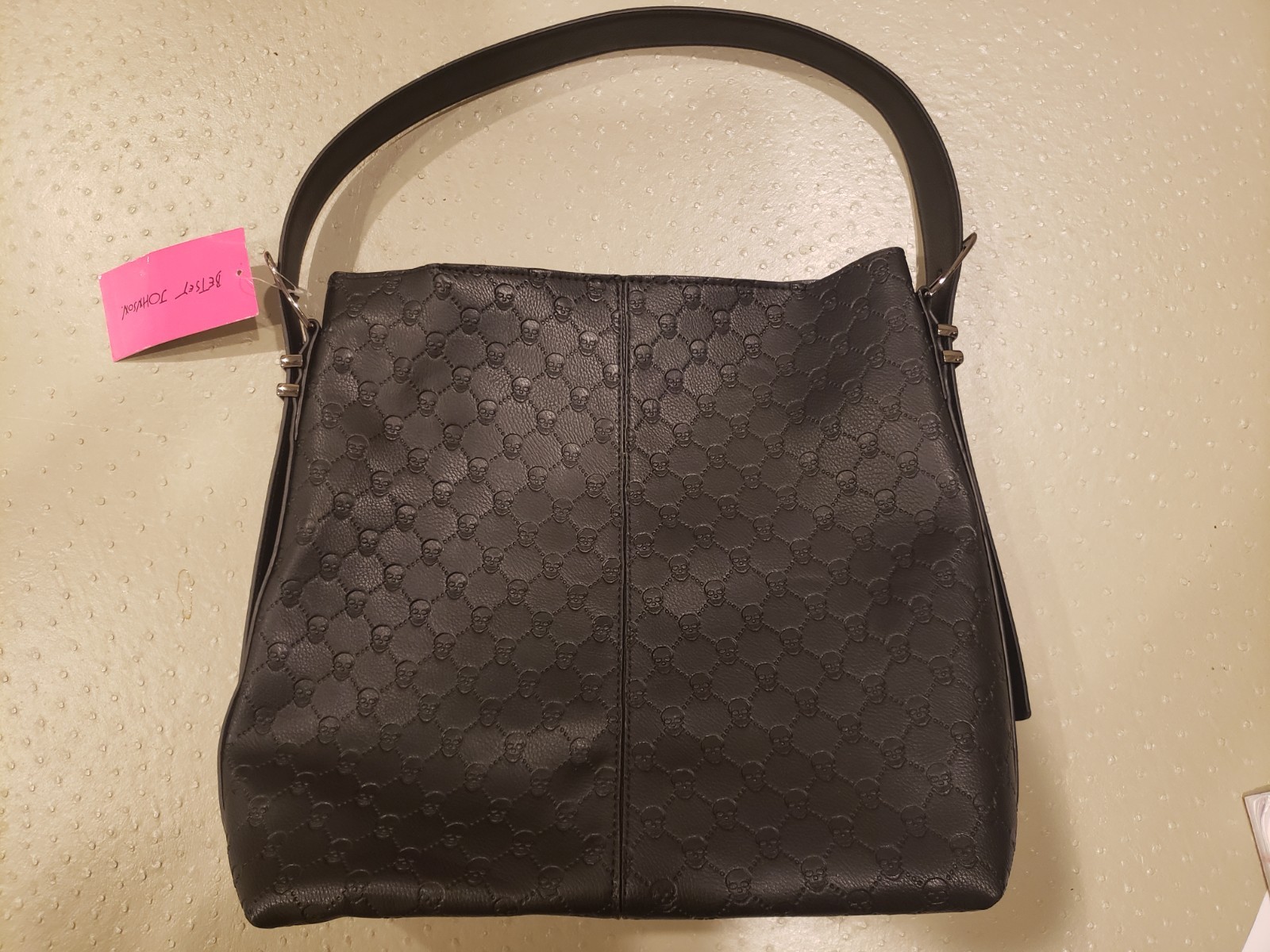 Betsey Johnson Black Skull Embossed Hobo Shoulder Bag Snap, Pockets, Charm