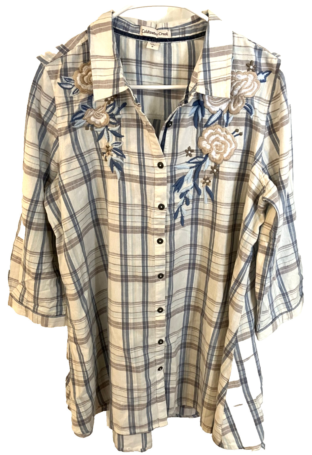 Coldwater Creek Ivory Blue Tan Plaid Embroidered Tunic Top Size M