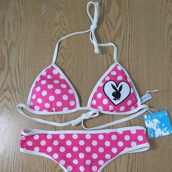 New Womens 2pc Super Sexy Playboy Polka Dot Thong Swimsuit Bikini Size Large