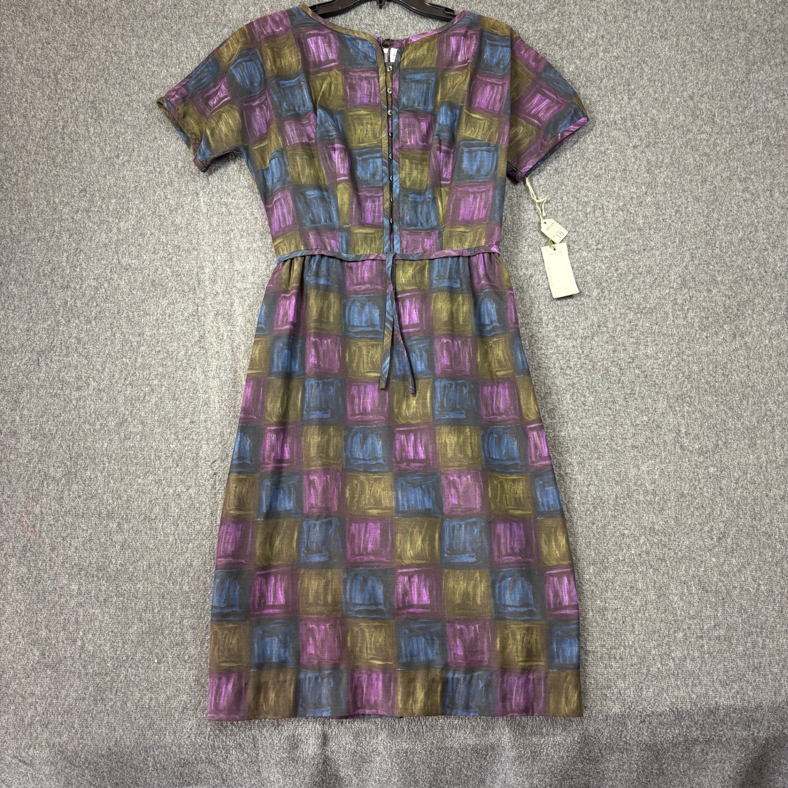 Vintage 60s Mindy Ross Womens Purple Green Checkerboard Midi Dress NWT 15