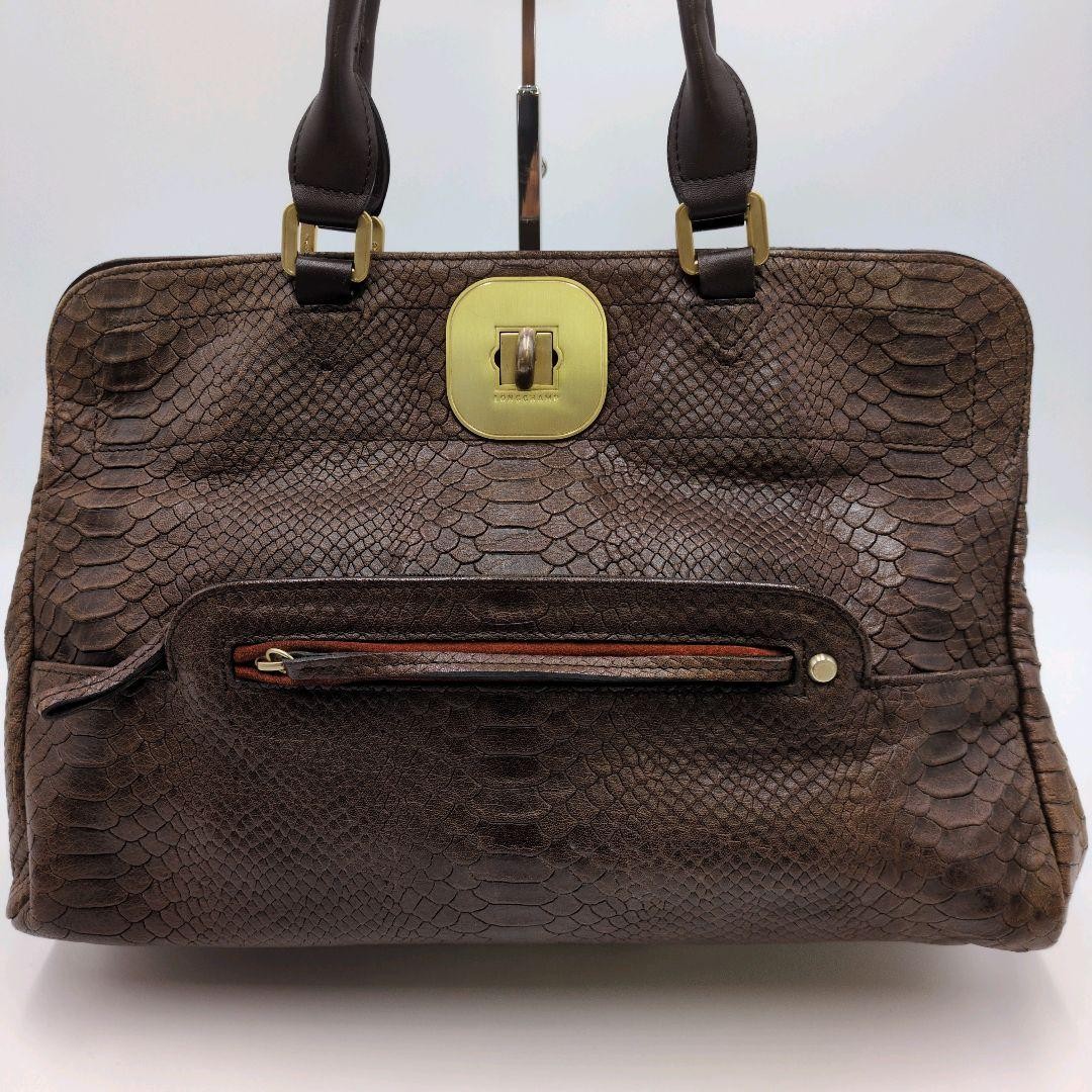 Longchamp Gabby Python Leather Tote Bag 11.4×14.6×6.3in Embossed Lock Used