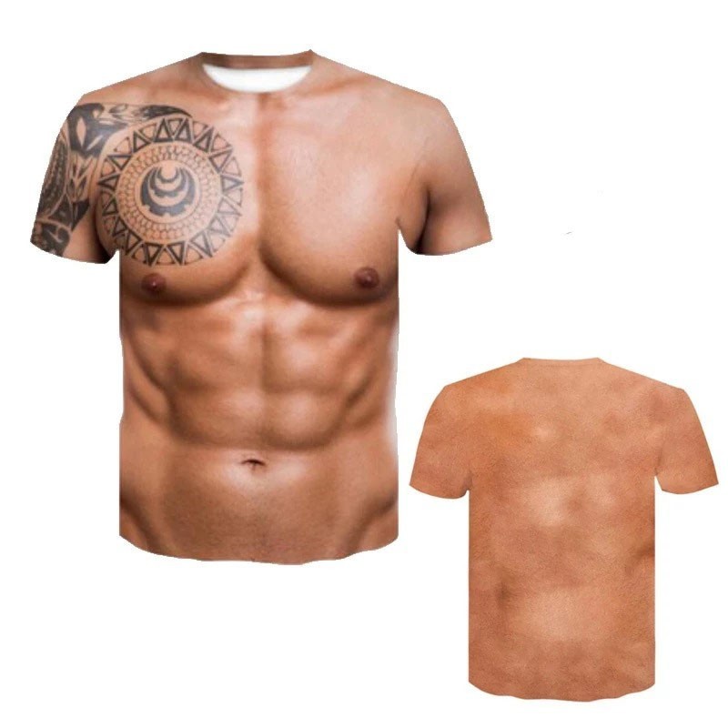 3D Realistic Muscle Abs T-Shirt Tribal Tattoo Men Naked Body Chest Print Tee